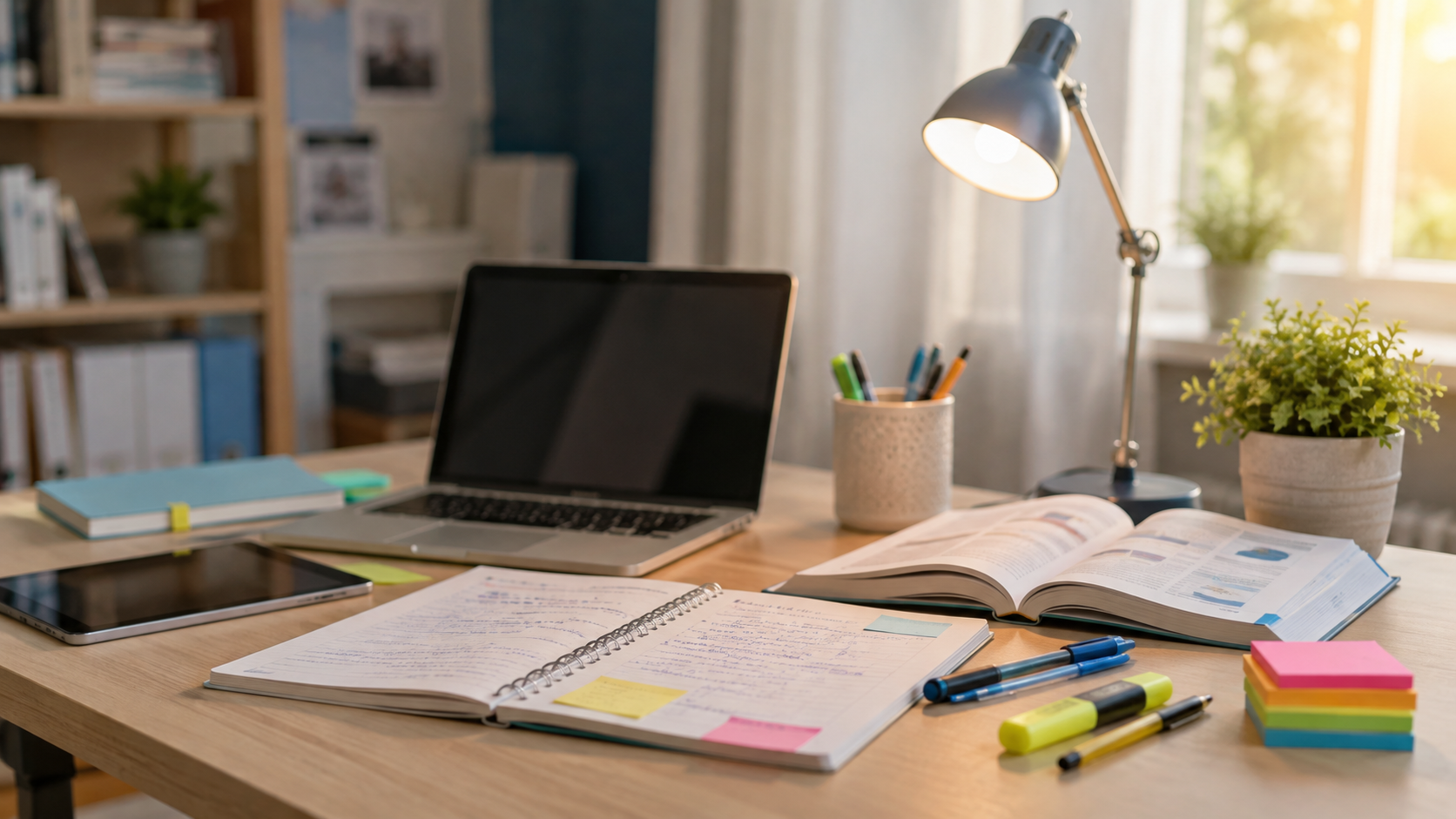 Organised study desk with learning materials